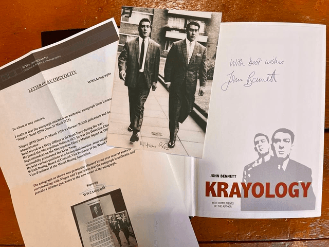 Limited edition hardback KRAYOLOGY, signed by author John Bennett and signature of Nipper Read on a photo of the Krays