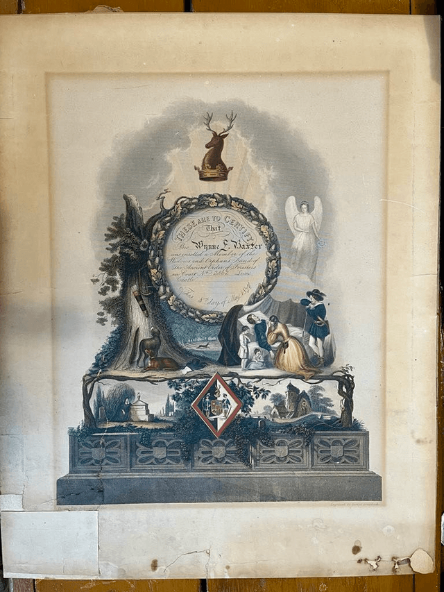 Unique certificate awarded to Wynne Baxter by the Ancient Order of Foresters in 1876