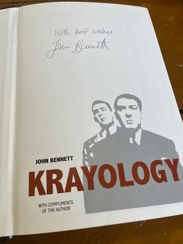 Limited edition hardback KRAYOLOGY, signed by author John Bennett and signature of Nipper Read on a photo of the Krays